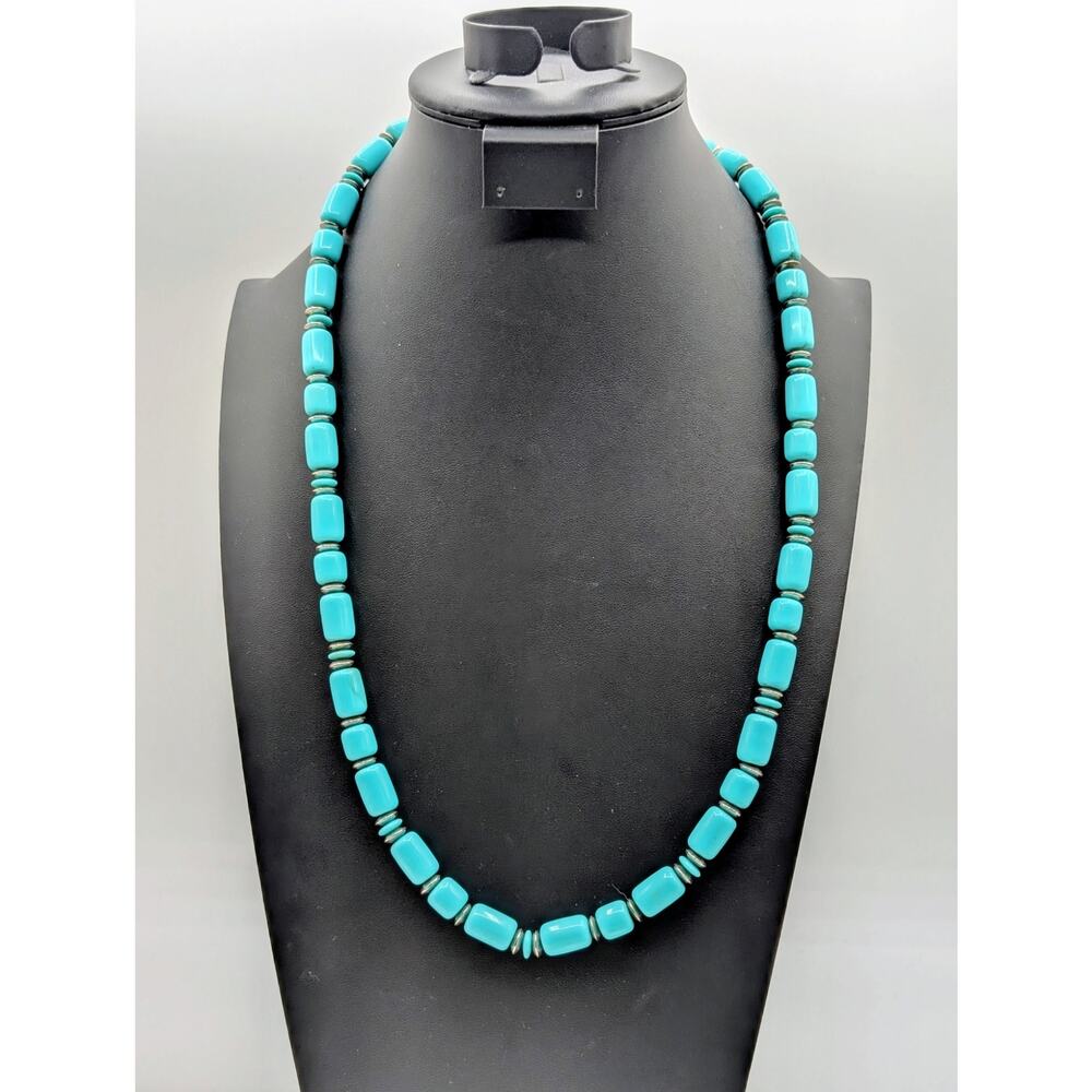 Vintage Bohemian Lucite Blue Barrel & Silver Tone Beaded  Approx. 28" Necklace